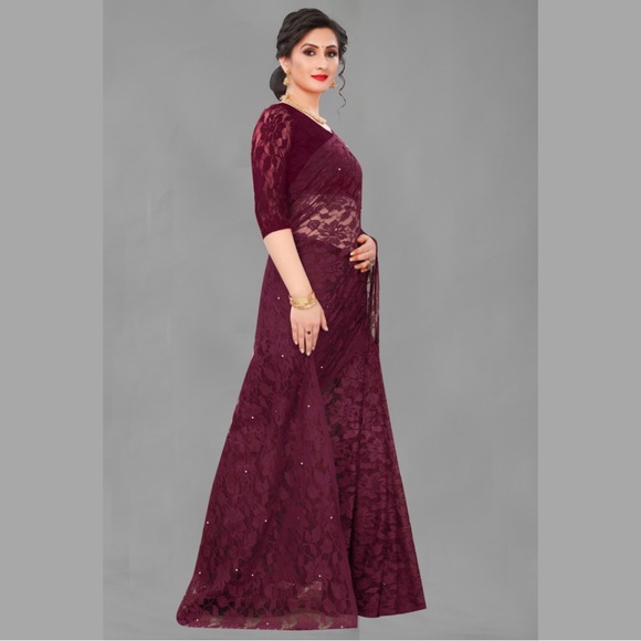 ❤️Pearl Embellished Net Jacquard Saree with Unstitched Blouse❤️ Maroon - Picture 5 of 7